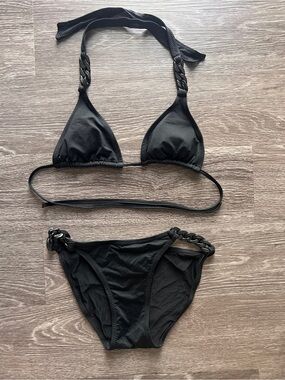 DKNY Women's Black Chain-Detail Triangle Bikini Set